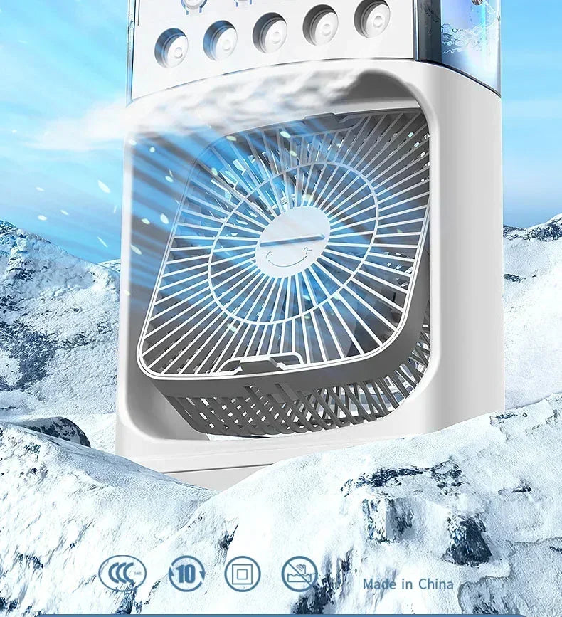 Taşınabilir Mini Klima Fan – 3'ü 1 Arada Serinletici, Nemlendirici ve Gece Lambası