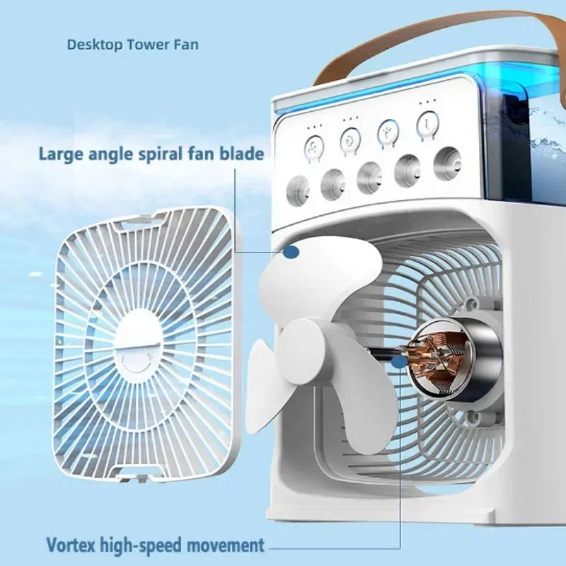 Taşınabilir Mini Klima Fan – 3'ü 1 Arada Serinletici, Nemlendirici ve Gece Lambası