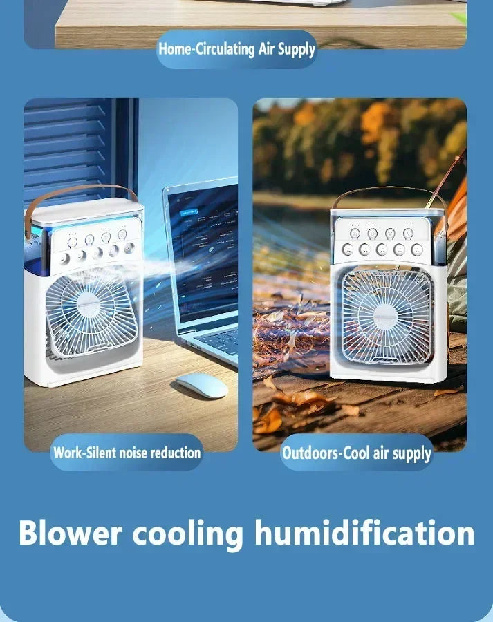 Taşınabilir Mini Klima Fan – 3'ü 1 Arada Serinletici, Nemlendirici ve Gece Lambası