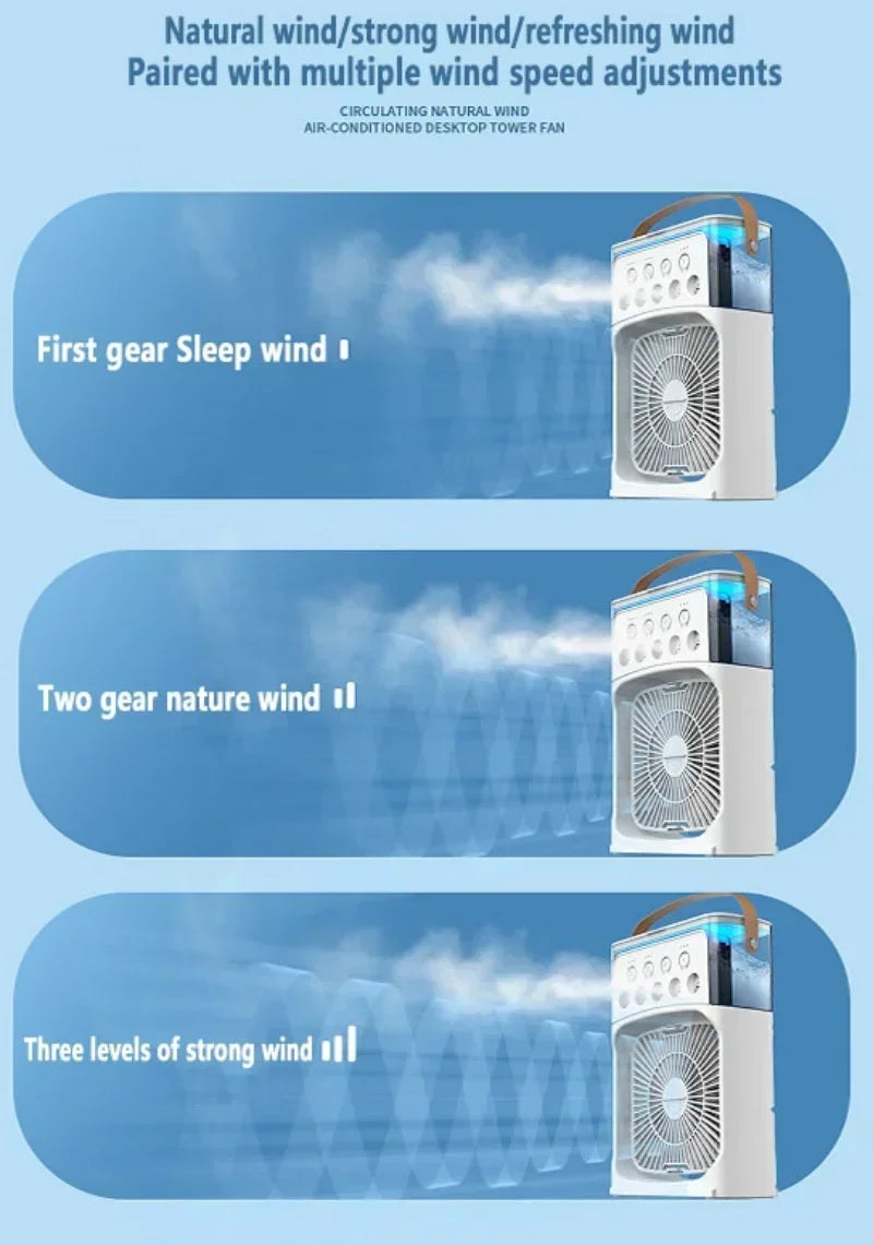 Taşınabilir Mini Klima Fan – 3'ü 1 Arada Serinletici, Nemlendirici ve Gece Lambası