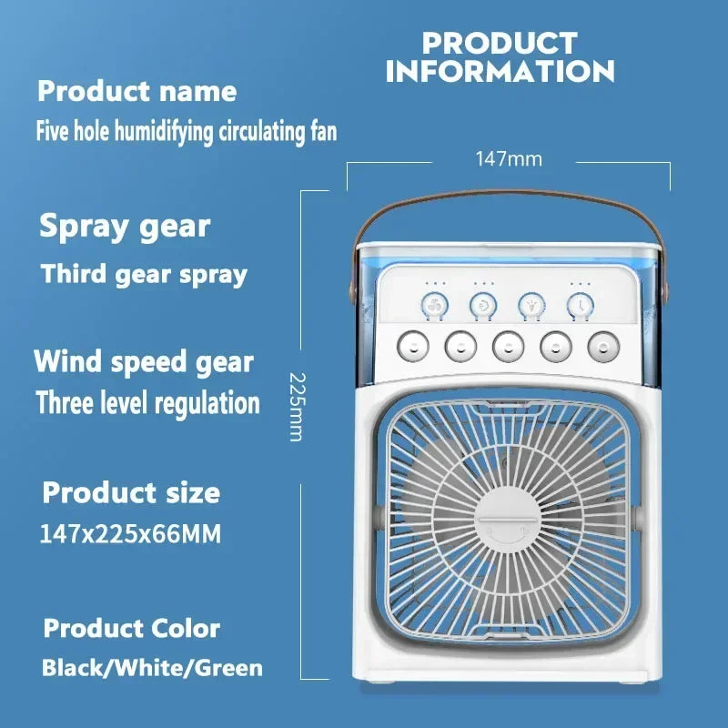 Taşınabilir Mini Klima Fan – 3'ü 1 Arada Serinletici, Nemlendirici ve Gece Lambası