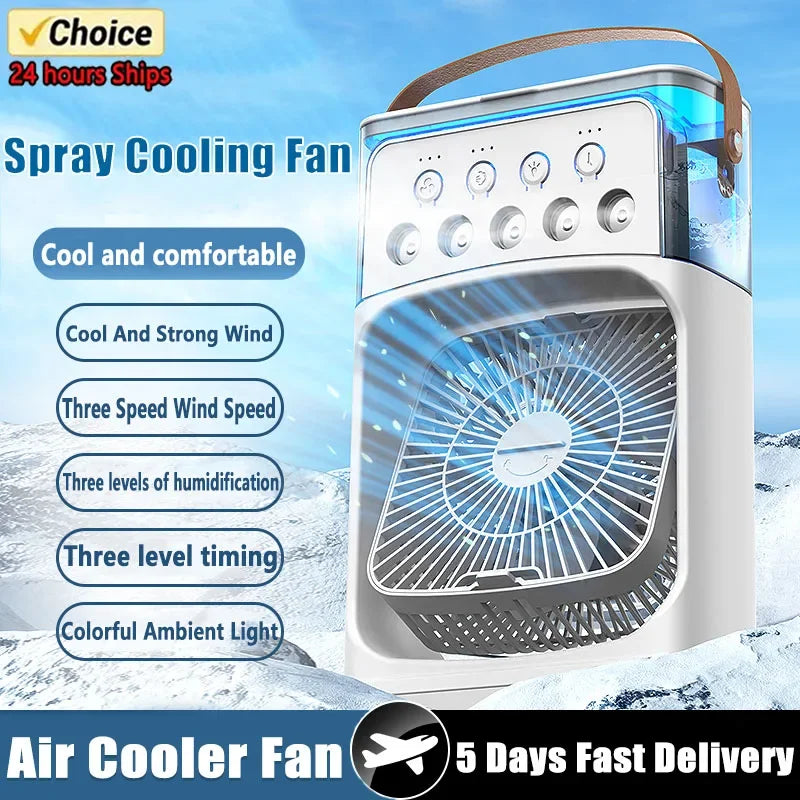 Taşınabilir Mini Klima Fan – 3'ü 1 Arada Serinletici, Nemlendirici ve Gece Lambası
